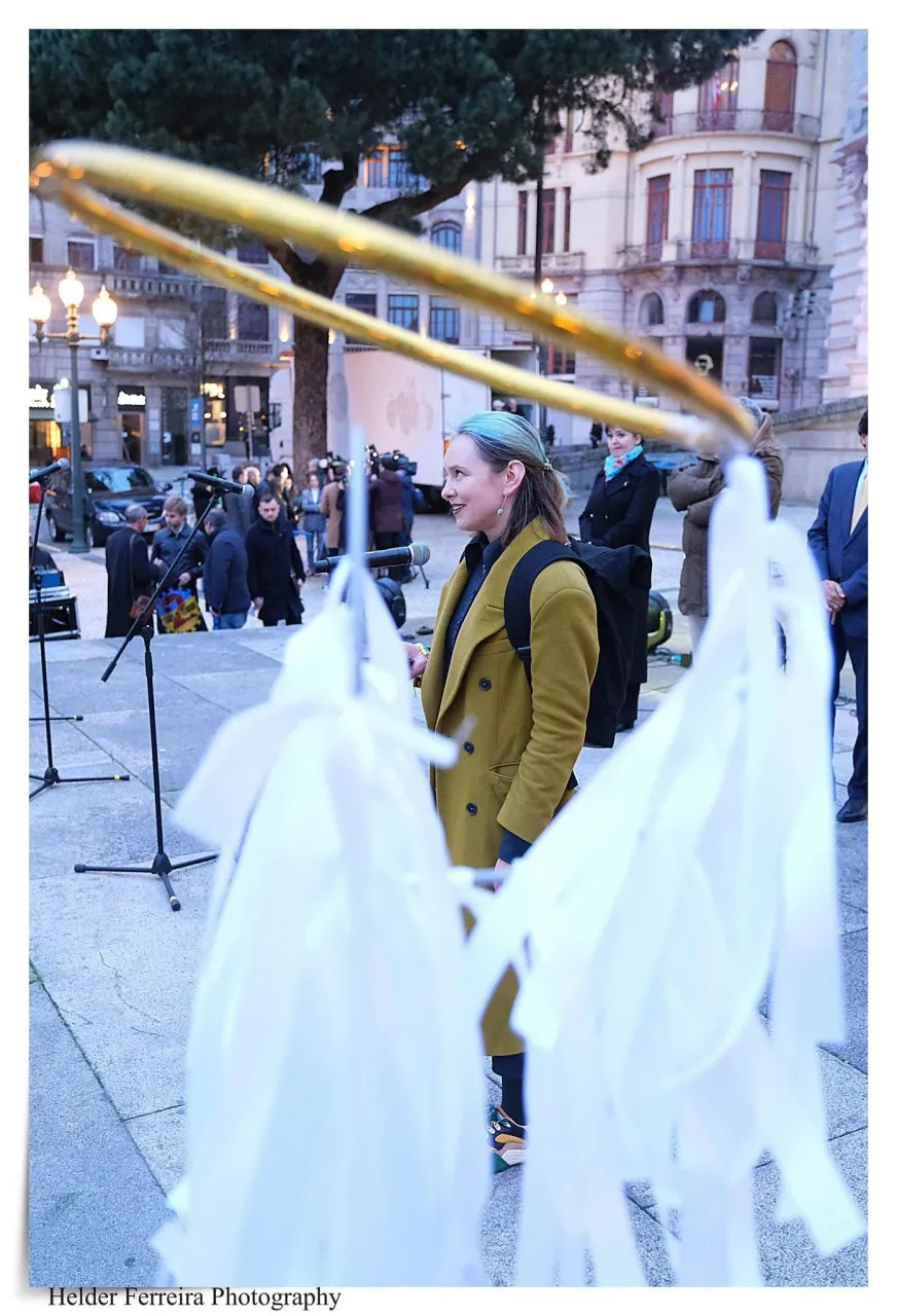 Natalia speaks at a demonstration