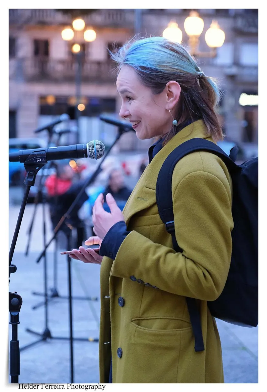 Natalia speaks at a demonstration